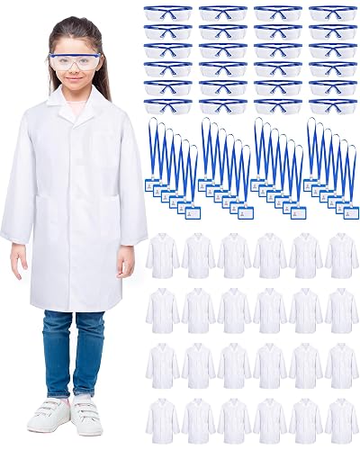 Xtinmee 12 Sets Kids Lab Coat Science Kit Bulk, White, XXL | Scientist Dentist Costumes for Boys Girls, Party Favors Classroom Activities, Role Play Science Experiment Set
