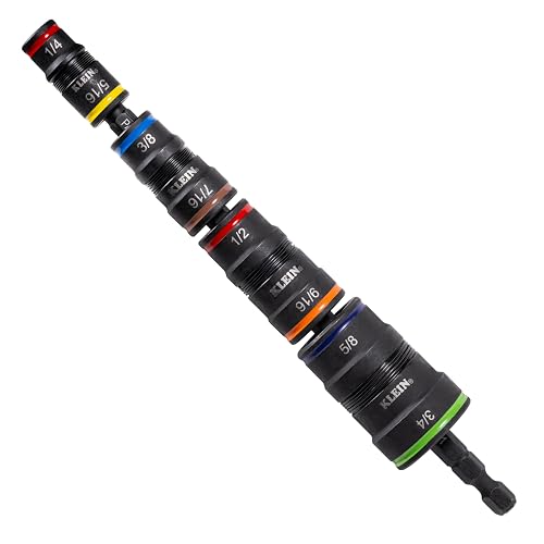 Klein Tools 32934 Impact Driver, 9-in-1 SAE Impact Socket Set, 4 Flip Sockets with 1/4, 5/16, 3/8, 7/16, 1/2, 9/16, 5/8, and 3/4-Inch Nut Driver Sizes with Bit Holder, 6-1/2-Inch Shaft