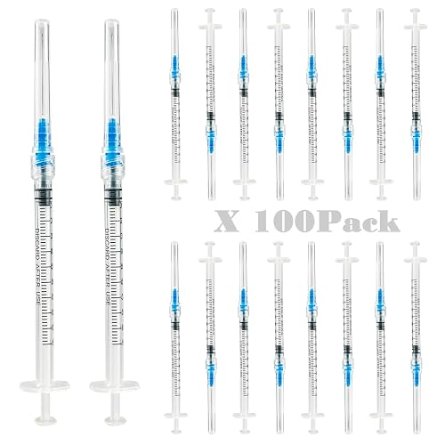 100Pack -1ml Luer lock Syringes with 23Ga(1inch) Needles, Individually Packaging Disposable Plastic Syringes and Needles for Scientific Labs, Industrial, Animal and Pet Supplies