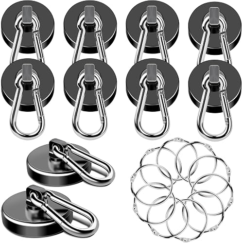 MIKEDE Magnetic Hooks Heavy Duty 110LBS+ Strong Neodymium Magnets | With Swivel Carabiner Hook Black Magnetic Hangers Magnet Hooks for Locker Home Cruise Cabin Office 10 Pack