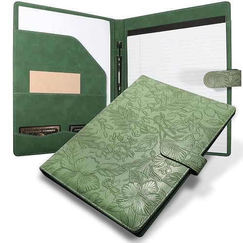 Professional Padfolio Portfolio Binder, Textured Embossing Faux Leather | Green, Folder Organizer for Letter Size Legal Pad Notepad Resume, Card Holder for Women Men Business Office Conference