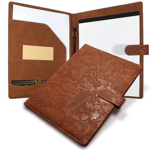 Professional Padfolio Portfolio Binder, Textured Embossing Faux Leather | Brown, Folder Organizer for Letter Size Legal Pad Notepad Resume, Card Holder for Women Men Business Office Conference