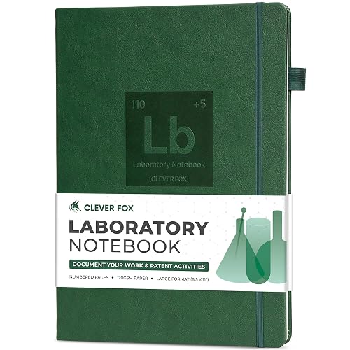 Clever Fox Laboratory Notebook, Lab Notebook, Chemistry Research Dark Green | 8.5" X 11" eco-leather hard cover scientific journal, Graph paper grid note book with 110 numbered pages, thick 120gsm paper