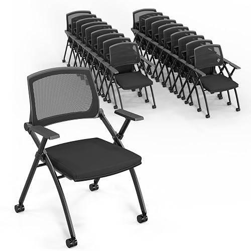 VINGLI 20 Pack Stackable Conference Room Chairs with Wheels, Folding Office Chair with Rebound Back, Padded Seat for Training Room, Guest, Reception, Event, Capacity 350lbs, Black