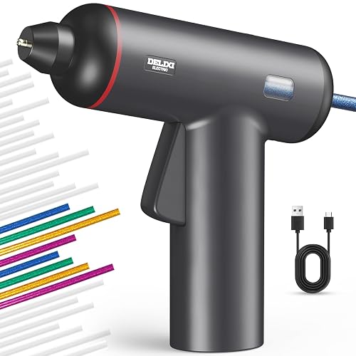 DELIXI Hot Glue Gun and Sticks Set, Cordless Glue Gun with Clear Viewing Window, 32PCS Hot Glue Sticks 5.9''*0.27'', 30s Fast Preheating, Rechargeable, Ideal for DIY & Home Repairs
