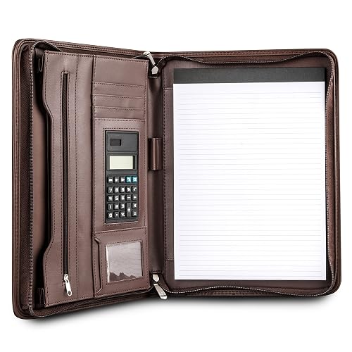 Cossini Premium Business Portfolio with Zipper – Padfolio - Superior Business Impressions Begin with PU Vegan Leather, 10.1 Inch Tablet Sleeve, Smart Storage, Solar Calculator, Writing Pad -Brown