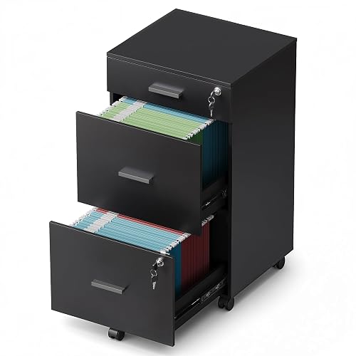 DEVAISE 3 Drawer Rolling File Cabinet with Lock, Wood Filing Cabinet fits Letter / A4 Size for Home Office, Black