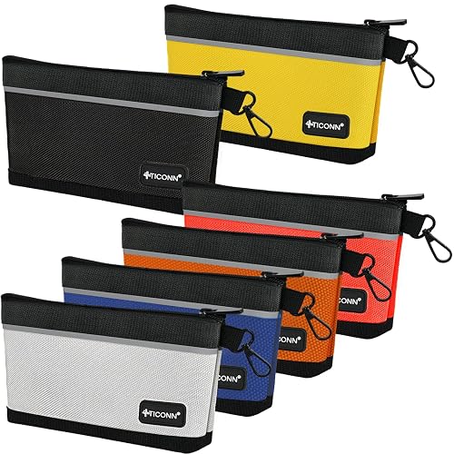 TICONN 6PK Tool Pouches with Zipper, Waterproof 1680D Oxford Small Tool Bag | Wear-Resistant Tool Pouch with Carabiner Clip, Durable Metal Zipper, Reflective Safety Strips, Multi-Purpose Storage