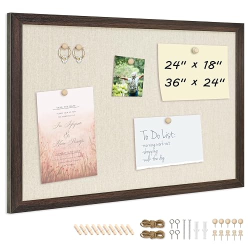DOLLAR BOSS Bulletin Boards with Linen, 24"x18" Cork Board, Dark Walnut | Double-Sided Corkboards for Walls, Decorative Pin Board, Photo Display, For Office Home School Dorm, 10 Pushpins 10 Clips