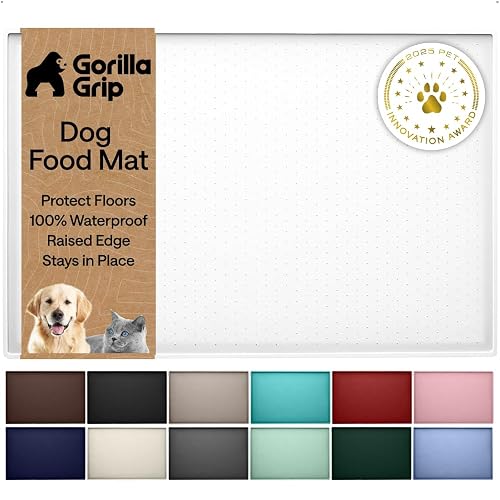 GORILLA GRIP Dog Food Mat, 100% Waterproof Silicone, 16x10 White | Raised Edge Pet Feeding Mat, BPA Free, Contain Spills, Protects Floors, Placemats for Cats and Dogs Water Bowl