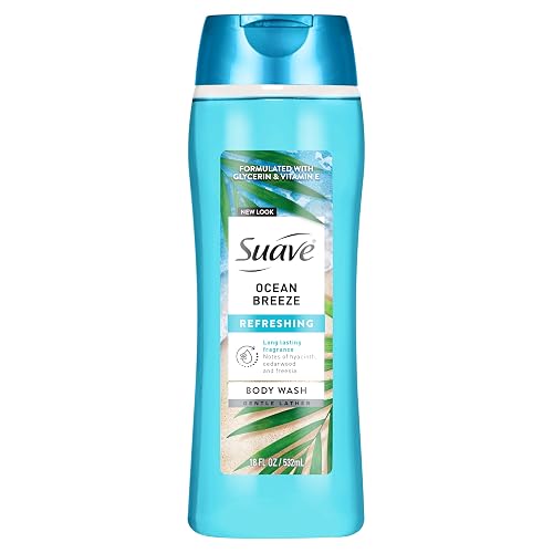 Suave Ocean Breeze Moisturizing Body Wash with Glycerin & Vitamin E, Hydrating Formula For Soft, Smooth Skin, Long Lasting Fragrance, 18 FL OZ