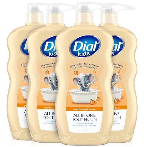 Dial Kids 3-in-1 Body + Hair + Bubble Bath, Peach, 24 Fl Oz, 4-Pack | Gentle cleansing for kids, tear-free and hypoallergenic formula, no parabens or silicones, peach scent, includes 4 bottles