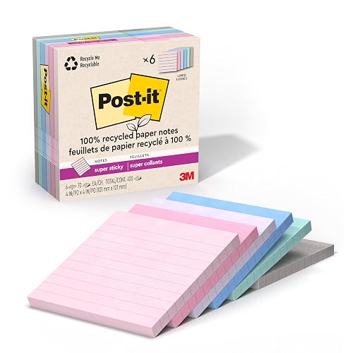 Post-it® Super Sticky Recycled Notes, 6 Pads, 4 in x 4 in, 100% Recycled, School Supplies and Office Products, Sticky Notes - 675R6SSNRP