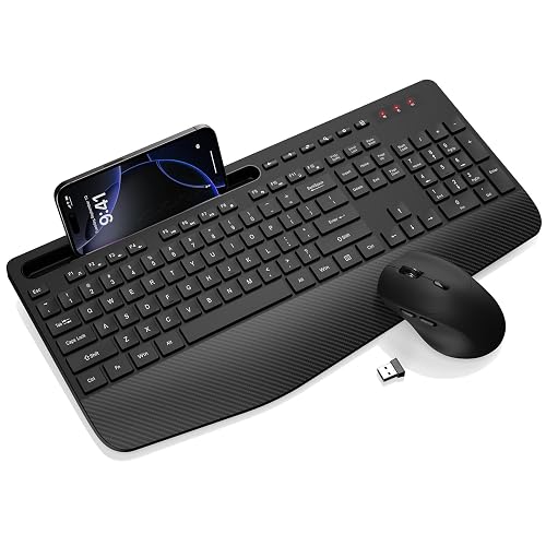 Wireless Keyboard and Mouse Combo - Full-Sized, Ergonomic Wrist Rest | Phone Holder, Sleep Mode, 2.4G Quiet Keyboard for PC Laptop, Trueque KM23 Complete Work Setup for Office or Home