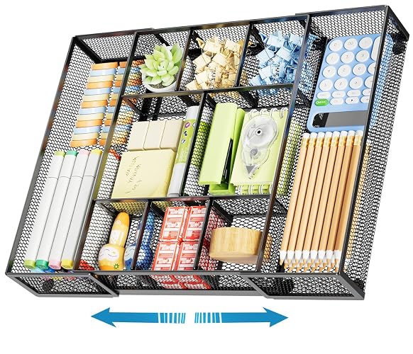 Marbrasse Expandable Desk Drawer Organizer, Mesh Drawer Organizer Tray with 10 Adjustable Compartments, Desk Organizers and Accessories, 5 Dividers Drawer for Office Supplies, Makeup & Vanity (Black)