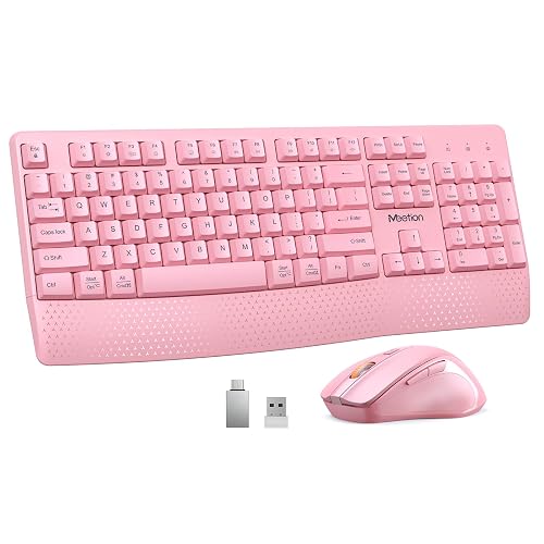 MEETION Wireless Keyboard and Mouse Combo, Full-Size with Wrist Rest, Pink | 2.4GHz USB receiver, 3 adjustable DPI mouse, comfortable typing, compatible with Windows, Mac, PCs and laptops