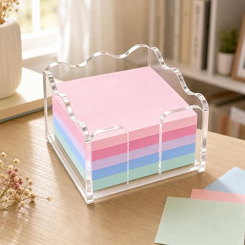 y yonyunce Scalloped Acrylic Sticky Note Holder - 1pc Clear Cute Notepad Holder, 3x3 Inch Wave Design Post It Dispenser Desk Organizer for Office & Classroom