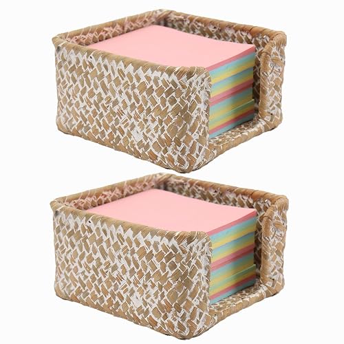 Shonmogar Seagrass Sticky Note Holder,2 Pack Woven Post It Note Dispenser for Desk,3 x 3 Inch Post It Note Holder, Rustic Sticky Note Dispenser for Home Office Desk Table Drawer,Whitewash