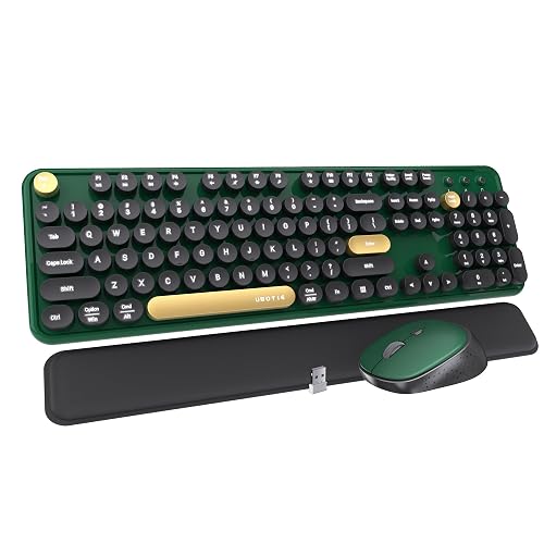 FCPLU Keyboard and Mouse Wireless Black Green | Full-Sized Office Keyboard with Typewriter Flexible Keys, 2.4GHz Connection, Wrist Rest, Optical Mouse for PC Laptop