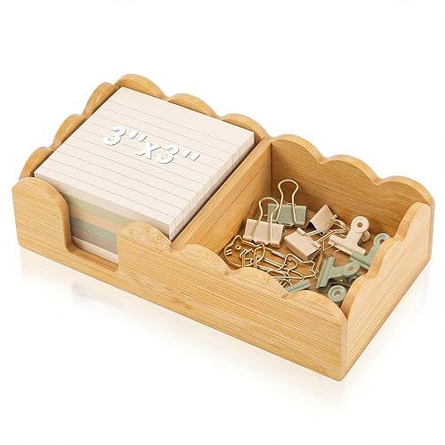 Threehoney Scalloped Bamboo Sticky Note Holder 3 x 3 for Office, Natural | Wooden Sticky Notes Organizer for Note Pads, Cute Paper Clip Storage, Decorative & Memo Pads Holder, Teacher Gift