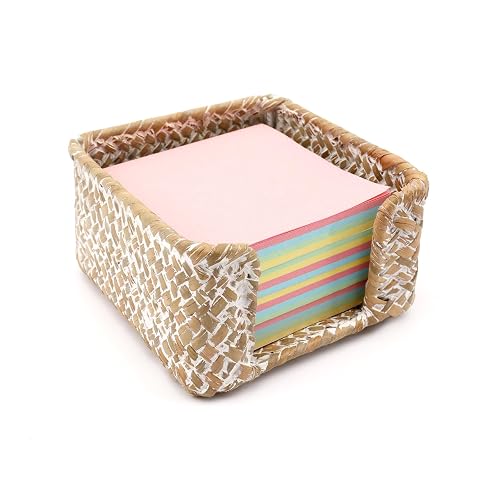 Shonmogar Sticky Note Holder Seagrass Post It Note Dispenser, 3 x 3 Inch Woven Sticky Note Dispenser, Farmhouse Post It Holder for Desk Home Office Decor, Whitewash