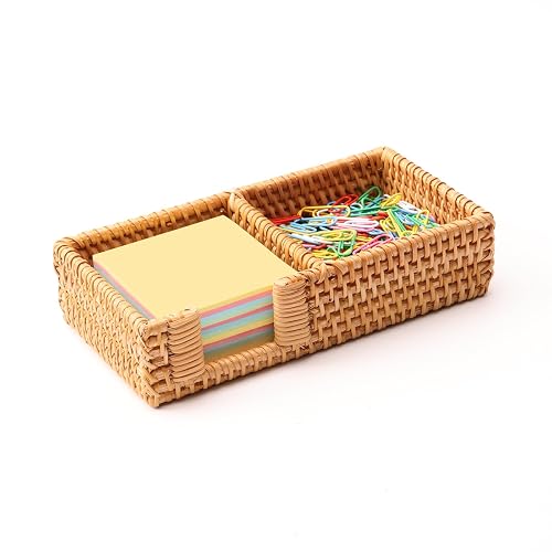 Shonmogar 3 x 3 Inch Sticky Note Holder,Rattan Post It Note Dispenser,2 Slot Sticky Note Dispenser,Wicker Post It Holder for Home Office Desk Decor,Honey Brown
