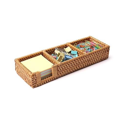 Shonmogar 3 x 3 Inch Sticky Note Holder,Rattan Post It Note Dispenser,3 Slot Sticky Note Dispenser,Wicker Post It Holder for Home Office Desk Decor,Honey Brown