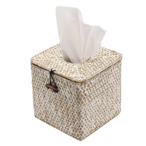 Shonmogar Seagrass Tissue Box Cover Square Tissue Box,Woven Tissue Box Holder with Lid,Rustic Tissue Cover for Bathroom Vanity Toilet Living Room Bedroom Kitchen Office Desk Car, Whitewash