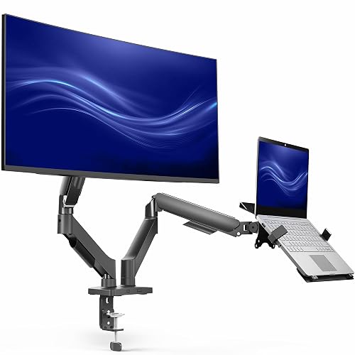 VIVO Universal Adjustable Monitor and Laptop Desk Mount, 17 to 32 inch Monitors, 10 to 15.6 inch Laptops, Dual Mechanical Arm VESA Notebook Stand with C-clamp and Grommet Options, Black, STAND-V002O-L