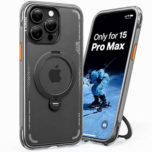 TORRAS Ostand Q3 Air for iPhone 15 Pro Max Case with Stand, Shockproof | Compatible with MagSafe, 360 Magnetic Stand, Mil-Grade Drop Tested, Shockproof Protection, Camera Control Button, Black