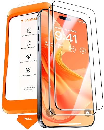 TORRAS Military-Grade Screen Protector for iPhone 15 Pro Max [9H+ Aerospace Tempered Glass＆12FT Shatterproof ] One-Step Installation Full Coverage Fit Bubble Free Top-Notch Protection, 2 Pack