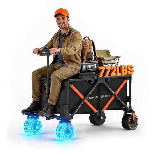 WISELD GT3 Electric Wagon Cart with Seat for Adults, Rideable & Tow-Assist | Foldable Motorized Utility Cart, 1500W Heavy Duty Hauler, 551 Lbs Dynamic Load, for Camping, Farm & Property