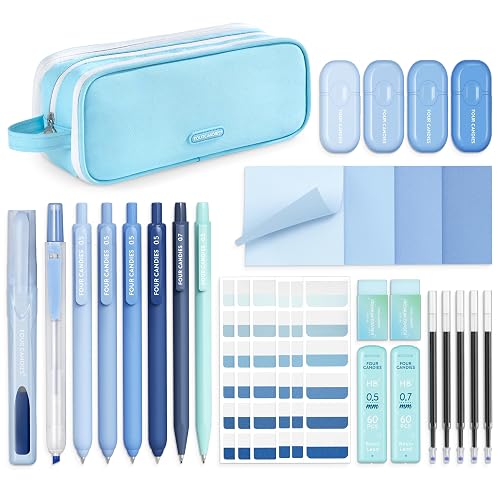 Four Candies Aesthetic School Supplies Kit with Cute Blue Pencil Case | Back to School Stationery Set with Pens, Highlighters, Mechanical Pencils, Sticky Notes for Students, College, Journaling