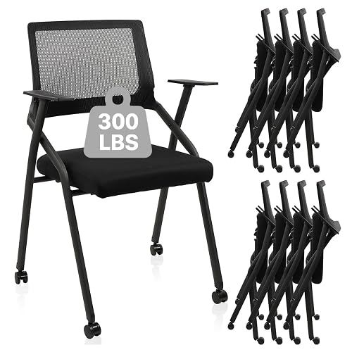 CLATINA Stackable Foldable Chairs with Wheels, Portable Padded Office Desk Chair with Lumbar Support and Armrest for Conference School Lobby Break Waiting Training Room Guest Reception, Black 8 Pack