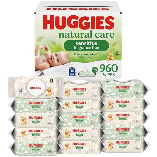 Huggies Natural Care Sensitive Baby Wipes, Unscented, 15 Packs, 960 Wipes | Fragrance Free, Gentle Clean, Hypoallergenic, Dermatologist Tested, No Harsh Irritants, 1-Handed Dispensing