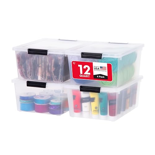 IRIS USA 4-Pack 12 Qt Storage Bins with Lids, Plastic Box, Clear/Black | 14"L x 10.88"W x 6.31"H - Craft Organizers, Plastic Clip Box Totes, Flat Containers for Paper & Art Supplies
