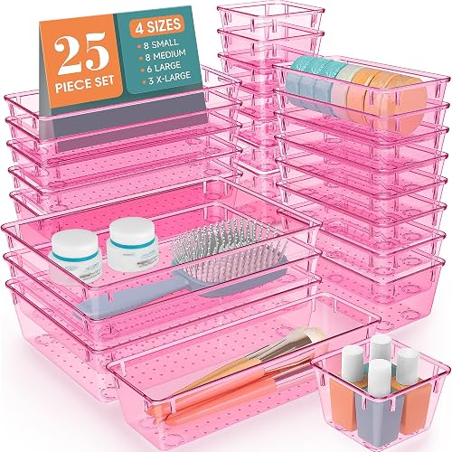 25 PCS Plastic Drawer Organizer Set, Makeup Organizers and Storage Bins | 4 Sizes Desk Drawer Divider Organizers and Storage Bins for Jewelry, Gadgets for Kitchen, Bedroom, Bathroom, Clear Pink