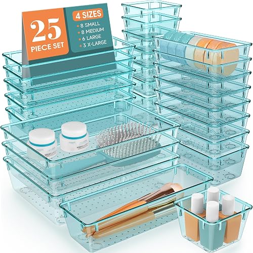 25 PCS Clear Plastic Drawer Organizer, Makeup Organizers and Storage Bins | 4 Sizes Desk Drawer Divider Organizers and Storage Bins for Jewelry, Gadgets for Kitchen, Bedroom, Bathroom, Office,Sea Blue