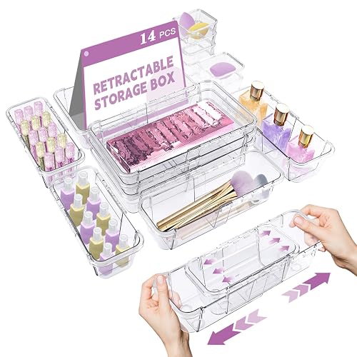 14 Pcs Adjustable Drawer Organizer, Clear Drawer Organizer Expendable | 3-Size Desk Drawer Organizer, Acrylic Storage Bins for Makeup, Cosmetic, Kitchen Utensils, Bedroom Dressers, Tool Organizer