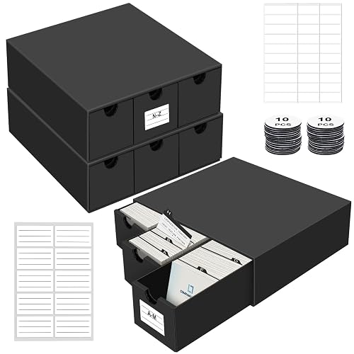 QLOUNI Business Card Storage Box 3 Pack, Stackable Business Card Organizer with 9 Pull-Out Drawers and Labels, Holds Up to 4500 Cards, Black Corrugated Desktop Filing Boxes