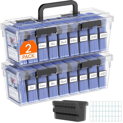 Lifewit Trading Card Storage Box with Handle, Fit for Toploader, 2 Pcs | Stackable Reinforced Latch Case with 8 Adjustable Dividers, Writable Labels, Organizer for MTG TCG Sports Baseball Bulk Cards