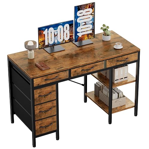 Sweetcrispy 47" Computer Desk with 6 Fabric Drawers & Storage Shelves | Reversible Gaming Workstation with Storage, Computer Table for Corner Spaces, Home Office & Living Room, Rustic Brown