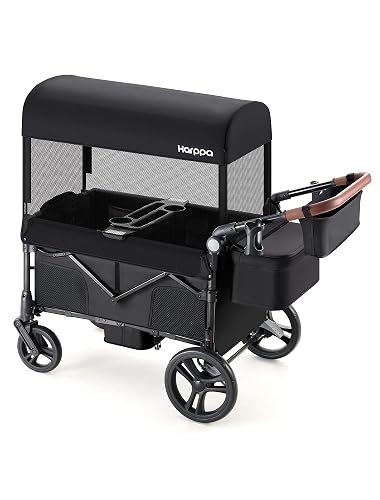 Harppa Remy Wagon Stroller for 2 Kids, 180Ibs Capacity with 2 Seater | Foldable 2 Seater Stroller Wagon with Mosquito Net UPF 50+ Canopy,5-Point Harness, 8''/12''All-Terrain Wheels for park
