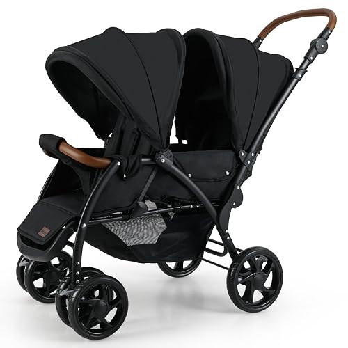INFANS Double Stroller, Foldable Twin Stroller for Infants and Toddlers | Adjustable Backrest, Canopy Footrest, 5-Point Harness, Storage Basket, Convertible Compact Baby Tandem for Newborn, Black