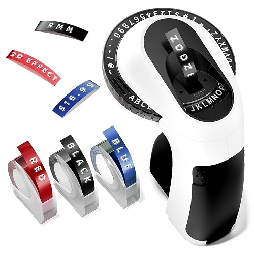 Zodzi Label Maker,Embossing Label Maker,Manual Embossed Label Maker Machine | for DIY Crafts,Junk Journal Scrapbook Supplies,Old School Embosser with 3 Rolls 9mm 3D Labeler Waterproof Tapes