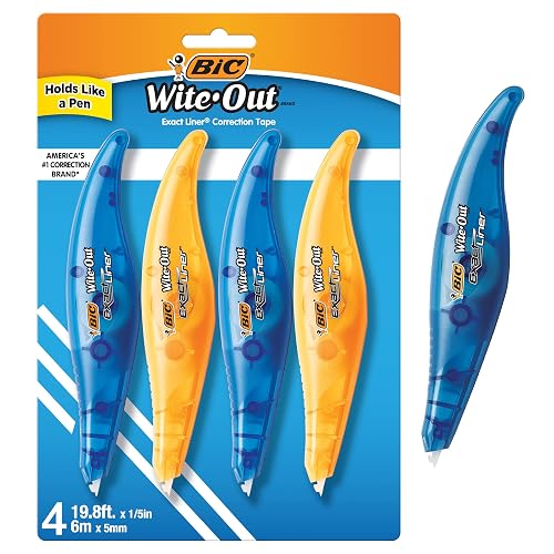 BIC Wite-Out Brand Exact Liner Correction Tape, 19.6 Feet, 4-Count | Tear-Resistant Design | Instantly Covers Errors with No Dry Time | Ideal for School or Office Use