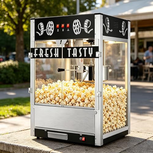 Wertyuizk 40oz Countertop Commercial Popcorn Machine, Black Theater Style | Theater-Style Popper, 130+ Cups per Batch, 3-Switch Warmer/Stirrer/Heater, Removable Crumb Tray, for Business, home users