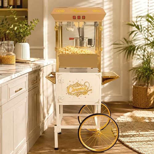 Commercial Popcorn Machine with Cart - 16 OZ Kettle Popcorn Makers with Heating, 3-Switch Control & Tempered Glass Doors, for Office, Schools, Home, Carnival, Movie Theath, Parties, Christmas, White