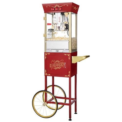 Great Northern Popcorn Matinee 8oz Popcorn Machine Cart with Kernels, Red | Popcorn Maker Machine with Wheels, Stainless Steel Kettle Popper, Reject Kernel Tray, Warming Light, and 5 Kernel Packs