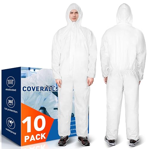 CAREGY 10 Pack Hazmat Suits Protective Coveralls with Hood | Disposable Painters Suits for Men & Women, Lab Coveralls Breathable & Water Resistant(White, 3X-Large)